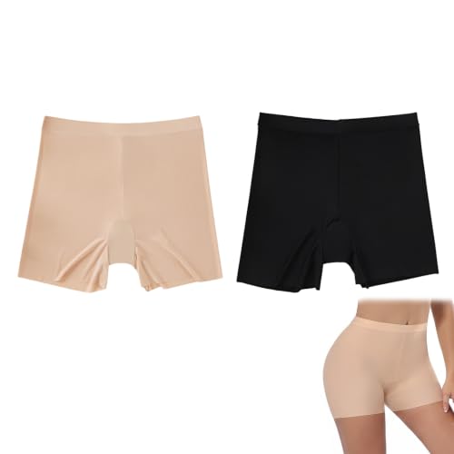 WUMZIRA Pack de 2 Pantalon Antirozaduras Mujer Debajo de Vestidos y Faldas, Pantalones Cortos Suaves para Evitar el Roce de Muslos, Culotte Elástico y Transpirable, Boxer Mujer Negro y Beige Talla L