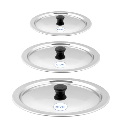 Image of Glossy Steel Lids for Utensils with Knobs | Melt-Free with a Good Gripsteel Lid for Kadai and Other Utensils | Round, Rust Resistant Steel (3 Pcs Set, Small)