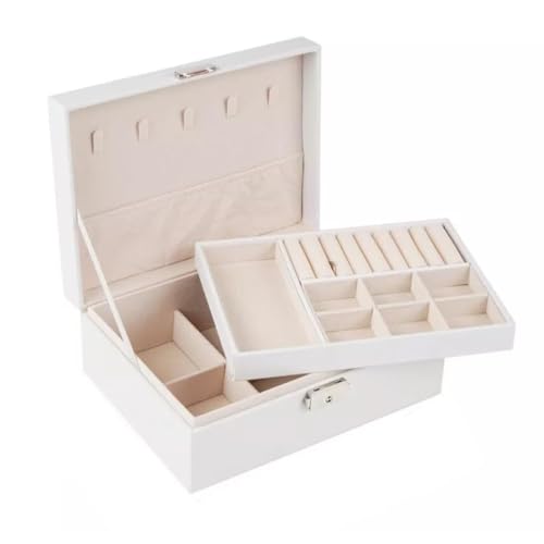 Amarme - Maleta Porta Joias Elegance Interior em Veludo com Tranca. Estojo Organizadora Grande de Dupla Camada para Joias, Brincos, Anéis, Bijuterias. Porta Jóias para Viagem Porta-Jóias Luxo (Branco)