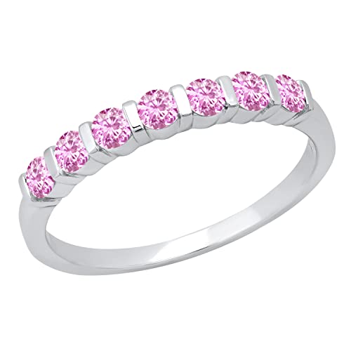 Dazzlingrock Collection 0.36 Cttw Round Pink Sapphire Seven Stone Wedding Band Ring for Women in 18K Solid White Gold, Size 7