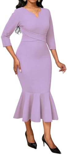 Image of Elegant Dress for Women Sexy V Neck Long Sleeve Bodycon Midi Fishtail Dresses