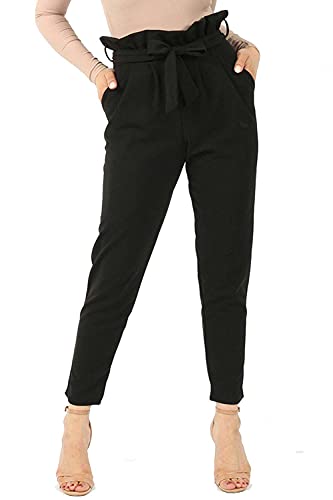 Image of Womens High Waisted Black Belted Paper Bag Trousers Pants Elasticated Slim Fit Pockets Cigarette Tapered Work Casual Sizes Plus Size8-16 (16)