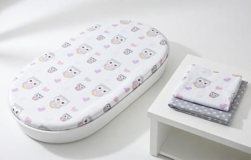 Image of 2-Pack Bassinet Sheets - 100% Cotton Jersey Knit Owls and Stars Bassinet Mattress Pad Fitted Sheets for Baby Girl; Compatible with Bassinet Bedside Co-Sleeper Lounger Brands; Oval Rectangle Mattress