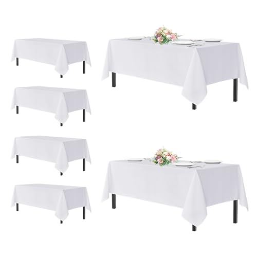 Image of sancua White Tablecloths for 6 Foot Rectangle Tables, 6 Pack - Washable Polyester Fabric Table Cover for Wedding Wedding, Birthday Party, Banquet Reception, 54x108 Inch