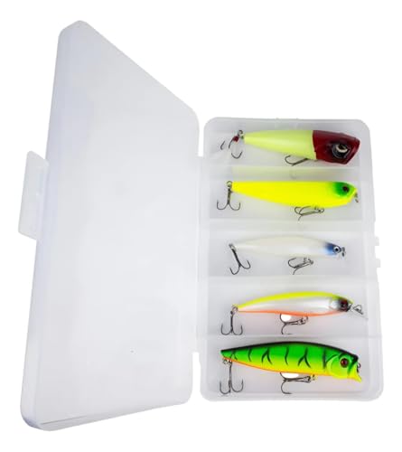 Kit Estojo com 5 Iscas Artificiais Meia Agua/Superficie para Tucunaré Dourado Traira