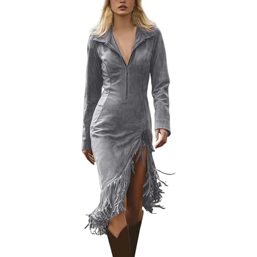 Robe moulante décontractée kaki style western avec franges élégantes