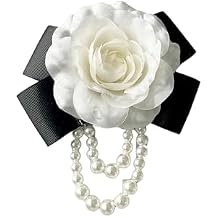 Camellia Flower Brooches Pins Pearl Brooches for Women,Floral Brooches Shawl Clips Pins Flower Hair Clips for Girls,White Silk Flower Bow Tie Brooches