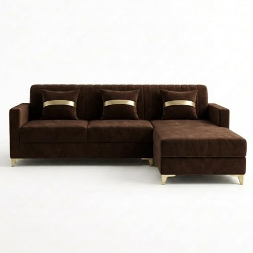 Image of CASASTYLE Groovy 4 Seater L Shape Sofa Set with Movable Ottoman | Flexible Left or Right Layout | Cozy Velvet Fabric | Soft Touch Seating | Modern Designer Sofa for Living Room (Dark Brown)