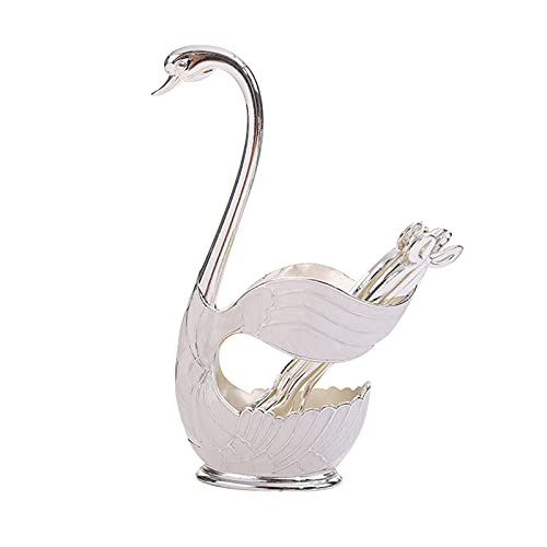 GEZICHTA Swan Base Spoon Holder, Swan Base Holder with 6pcs Coffee Dessert Sugar Ice Cream Spoons, Zinc Alloy Dessert Spoons(Silver)