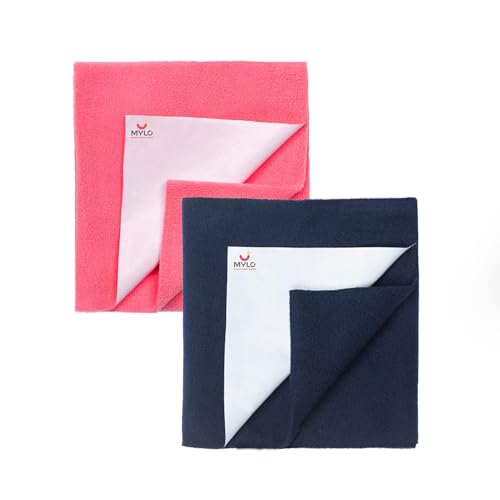 Image of Mylo Baby Waterproof Mattress Protector for Baby (0-3 Years), Extra Absorbent, Soft and Reusable Quick Dry Sheets (Navy Blue & Magenta)- Pack of 2