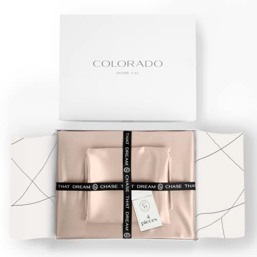 Colorado Home Co â€“ 100% Silk Sheets 4pcs - Mulberry Silk Luxury Bedding Set Queen - Deep Pocket Fitted Sheet, Flat Silk Sheet, Silk Pillowcase Twin Set â€“ Nude Champagne