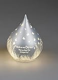 13cm, Lieferung ohne Batterie Deko-Licht Tropfen silber13cm aus mattem Farbglas mit LED-Licht, Spruch: Bleib so wie Du bist... + Dekor verziert, inklusive Timerfunktion, für 3x AA Batterien 1,5V-beleuchtete Dekolampe