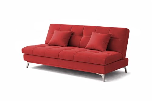Image of Krancy Solid Wood 3 + 2 Seater Sofa Cum Bed with 2 Cushions | Convertible Wooden Couch for Living Room, Home & Office | Modern Designer Furniture | 3 Years Warranty | Red