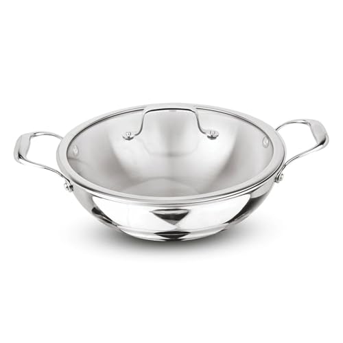 Image of Signoraware Artista Tri Ply Stainless Steel Shallow Kadhai 30cm with Glass Lid | Induction & Gas Compatible | Durable | Ideal for Stir Frying & Sauteing | Best for Curry & Gravies (5.5 LTR | Steel)