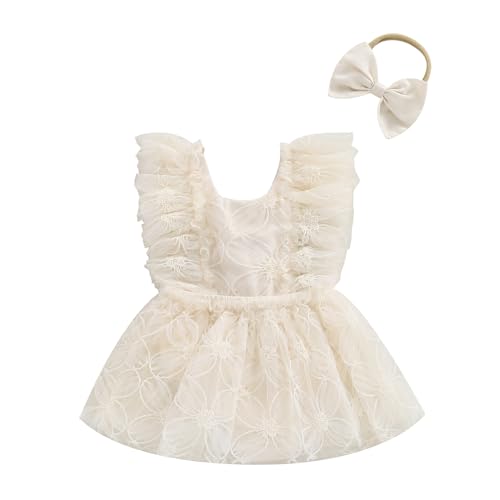 Newborn Baby Girl Romper Dress Flower Embroidered Puff Sleeve Tulle Bodysuit Headband Summer Princess Dresses, Apricot, 0-3 Months