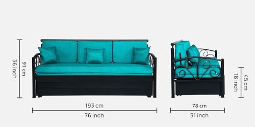 Image of 3 Seater Metal Sofa Cum Bed with Hydraulic Storage | Sofa Set for Living Room, Bedroom, Guest Room| Queen Size Convertible Sofa Bed | Comfortable Seating Sofa Seablue & Black