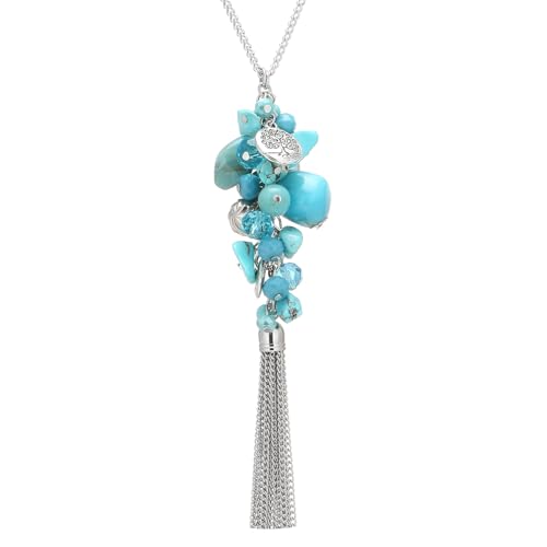 Image of FULU AUTUMN Long Silver Necklaces for Women Long Beaded Pendant Necklace Silver Tassel Sweater Chain Boho Costume Jewellery Gifts for Her(Turquoise)