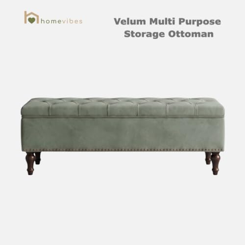 Image of Velum 3 Seater Sofa for Living Room & Office | Premium Fabric Upholstery | Solid Wood Frame | Comfortable Seating | 3 Years Warranty (Frosty Green, Storage Ottoman)