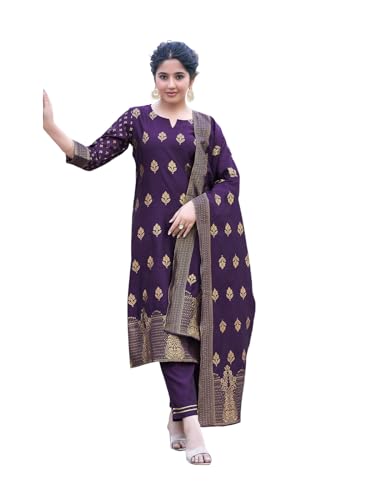 Sanisa Women's Art Silk Jacquard Work Straight Kurta With Pant And Dupatta (128Kbd1381N-S_Deep Purple)