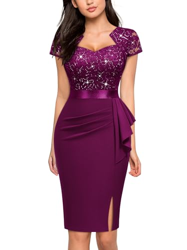 Image of Miusol Women's Elegant Square Neck Glitter Sequin Lace Cocktail Dress | Sparkly sequin lace, bodycon fit, chic ruffle, women dress perfect for wedding guest, cocktail and semi formal events