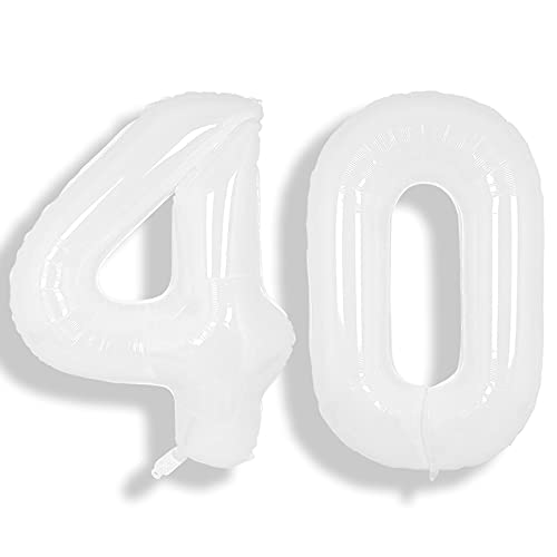 Image of SUWEN 40 Inch White Large 40 Balloon Number Big Foil Helium Numbers 0-9 | Giant Jumbo Happy 40th Birthday Party Decorations for Men or Women Huge Mylar Anniversary Party Supplies