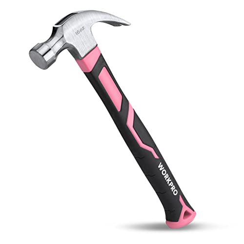 WORKPRO 16 oz Claw Hammer with Fiberglass Handle, All Purpose Hammer with Forged Hardened Steel Head, Pink Ribbon