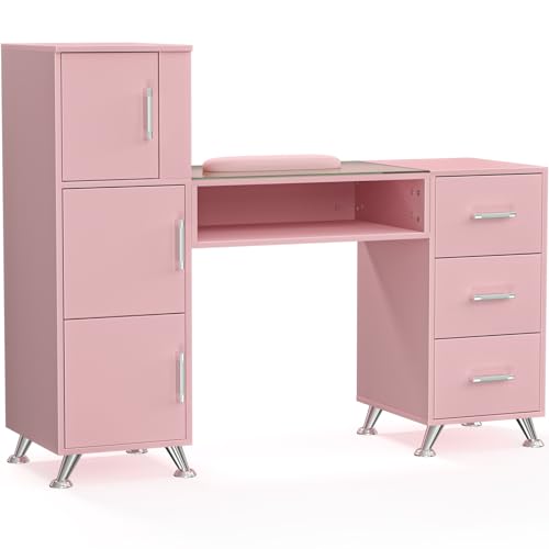 Professional Manicure Table Nail Desk for Nail Tech with Tempered Glass Top, 8 Reinforced Legs & 10 Storage Compartments – Acetone-Resistant Manicure Station for Salons & Home Use (Pink)