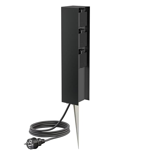 ledscom.de Colonne de Prises de Jardin POMI avec Piquet de Terre et 2m de câble pour l'extérieur, IP44, 3X, Noir, carré, 33cm
