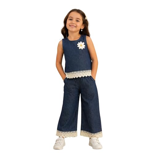 Image of superminis Girl's Denim Solid Top And Trouser Co-Ords Set Dress | Stylish & Comfortable