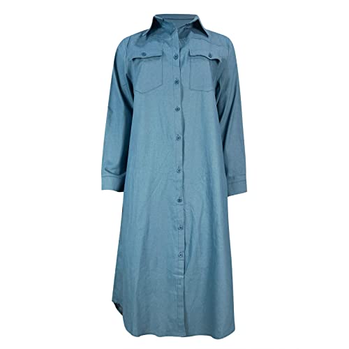 Vestido feminino solto, vestido jeans, longo, casual, manga lisa, botão em V, vestido feminino para