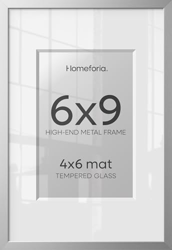 Image of Homeforia 6x9 Silver Picture Frame, High-End Metal, 4x6 Mat, Glass | High End Aluminum, Tempered Glass, Acid-Free 4x6 Removable Mat, 6x9 in Edge-to-Edge Display 9x6, Wall Kit, Set Of 2