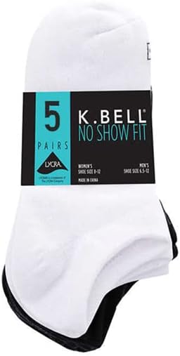 K. Bell Unisex-Adult Men's and Women's No Show Sock - 5 Pair Pack, Black/White, 8-12