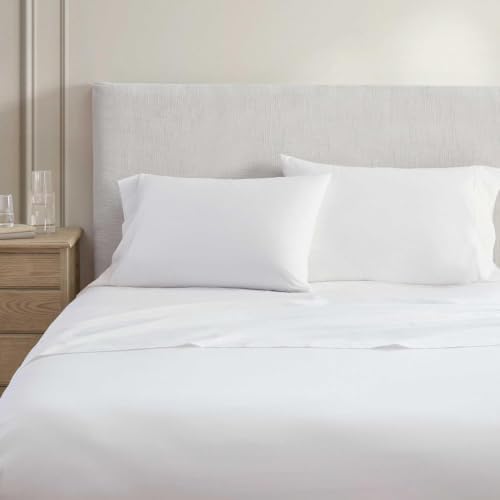 Image of Martha Stewart - Full Size Sheets Set, Crisp & Tailored Cooling Sheets w /a Naturally Smooth Cotton Percale Lightweight Feel - Matching Pillowcases & Fitted Sheet (Skylands Solid White)