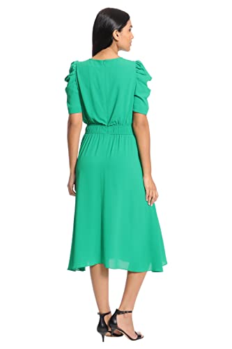 Image of London Times Women's Caterpillar Puff Sleeve Midi Dress - Gathered Waist A-Line Flowy Summer Dress