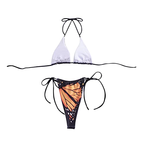 Women's Butterfly Micro Bikini Two Piece Halter Strappy Cheeky Bikini String Thong Bottom Swimsuit Sets Beachwear Orange - Image 4