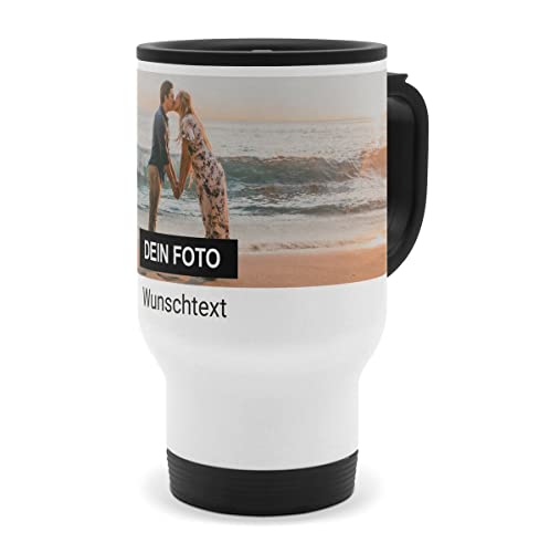 PhotoFancy® - Personalisierter Thermobecher - Isolierbecher To go mit eigenem Foto und Text selbst gestalten - Layout wählen (1 Bild + Text)