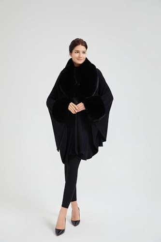 Women Cape Poncho with Fur Trim Winter Faux Fur Shawl Wrap Coat Sleeveless Cardigan Cloak4