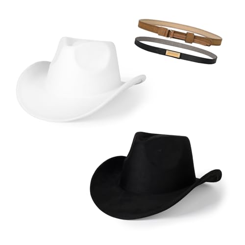Image of 2 Pack Western Cowboy Hats for Women Men 2 Different hat Bands | Classic Felt Wide Brim Costume Cow Boy Hat Curved Brim Cowgirl Hat
