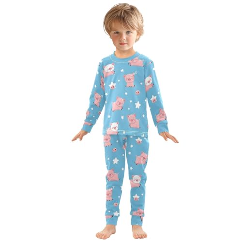 Pajama Sets Long Sleeve Sleep Piggy Pattern on Blue Soft Comfy Sleepwear 2 Piece PJS 3-8T2