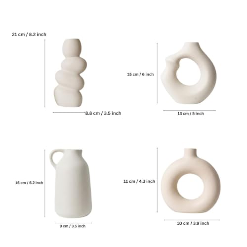 Image of Ceramic Flower Vase Set of 4 | Modern Nordic Minimalist White Decorative Vases (Donut, Arch, Bubble & Handle Design) | Pampas Grass & Dried Flower Vase for Living Room, Table, Shelf & Office Decor