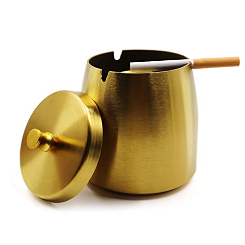 Prounion Cendrier en acier inoxydable avec couvercle, grand cendrier XL avec couvercle, anti-odeurs, coupe-vent extérieur et intérieur pour cigarettes, support en métal pour fumeurs, doré Cover