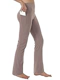 Picture of Keolorn Women's Bootleg Yoga Pants with Hidden Pockets Tummy Control Running Legging Long Bootcut (Medium, Light Brown)