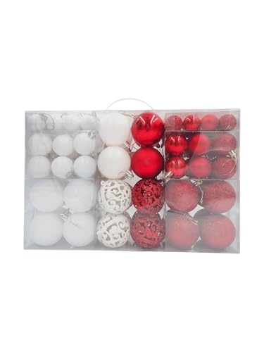 Kit C/100 Bolas de Natal Lisas/Foscas/Glitter + Ponteira (Vermelho e Branco)