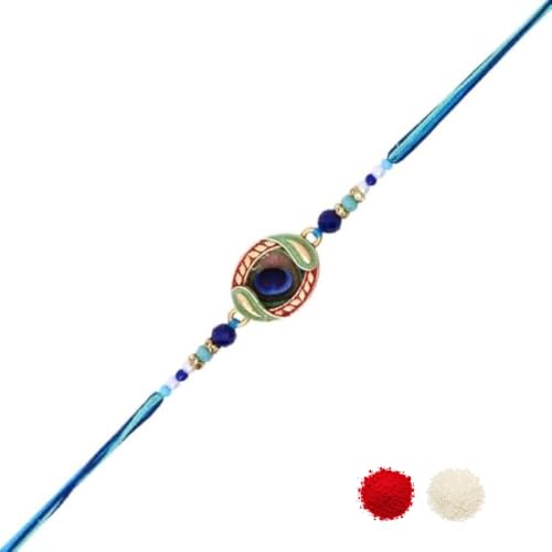Image of I Jewels Traditional Peacock Feather Designer Rakhi for Men Boys Brother Roli Chawal & Raksha Bandhan Card