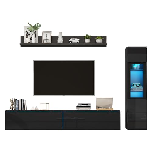 TV Wohnwand Set 3-teilig mit LED-Beleuchtung, Hochglanz Schwarz Wohnzimmermöbel für TV bis 80 Zoll, modernes Wandboard mit Vitrine und Hängeregal, Hydrauliktüren, App-Steuerung, Stauraum-Lösung