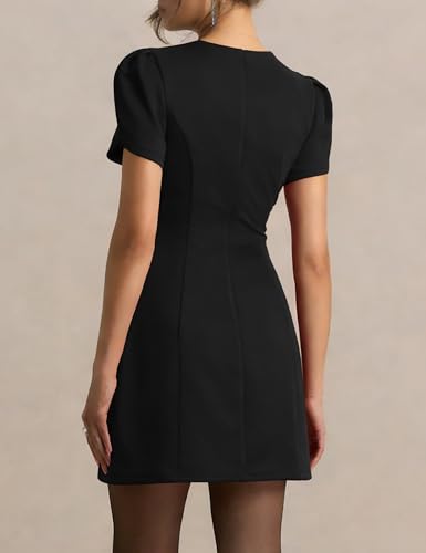POTILI Women's Puff Sleeve Mini Dress, Crew Neck Bodycon Dress for Casual Party Cocktail Black — view 2