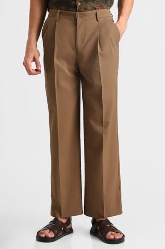 Image of SNITCH Men Trousers Formal Wear | Relaxed Fit Pleated Front Plain Design Straight Leg | Polyester Blend Medium-Stretch Fabric for Office & Professional Look