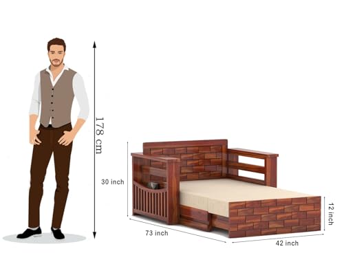 Image of Sheesham Wooden 2 Seater Sofa Cum Bed with Mattresses for Home Living Room | Rosewood 2 Seater Sofa Cums Bed for Bedroom Without Pillow | Solid Wood Sofa Bed (Honey B, 2 Seater)