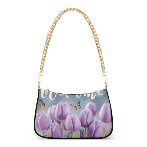 OTVEE Purple Tulips and Lavender Welcome Shoulder Bags Mini Small Handbags Clutch Trendy Purses for Women