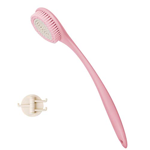 BEDELITE Upgraded Bath Brush Long Handle for Shower(16.4 inches), Soft and Steady Bristles, Ergonomic Streamlined Long Handle, Men & Women Body & Back Scrubber for Use in Shower Exfoliating (Pink)